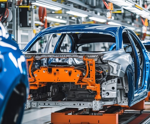 Car body assembly line with strain gauge structural monitoring
