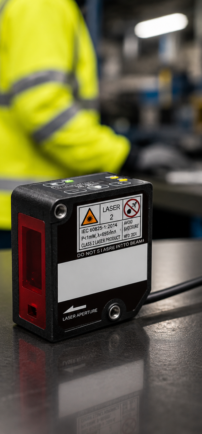 Industrial laser measurement sensor with safety warning label on a metallic surface