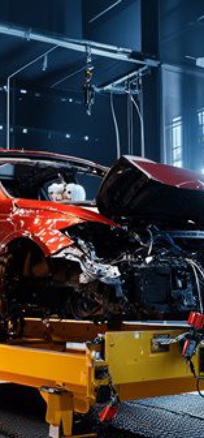 A dynamic automotive crash test facility with test dummies and engineers analyzing vehicle safety performance, Crash test facility scene, Safety-focused and analytical style